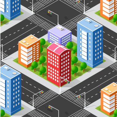 Renkli binalar, sokaklar ve ağaçlarla dolu şehir manzarası, izometrik bir perspektiften, canlı ve dinamik bir şehir yaşamını temsil ediyor.