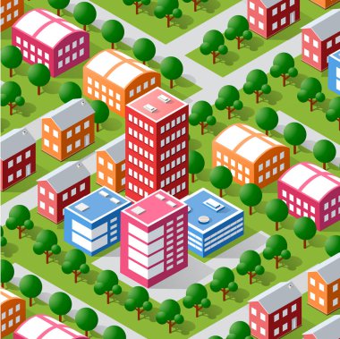 Renkli binalar, sokaklar ve ağaçlarla dolu şehir manzarası, izometrik bir perspektiften, canlı ve dinamik bir şehir yaşamını temsil ediyor.