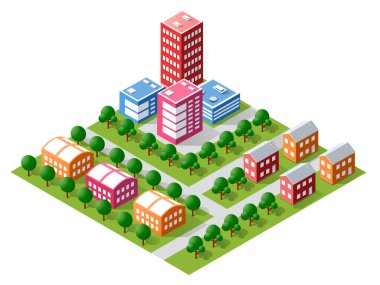 Gökdelenleri, caddeleri, yaya geçitleri, trafik ışıkları, arabalar, kamyonlar, ağaçlar ve parkları olan Isometric şehir merkezi, canlı bir şehir manzarası yaratıyor.