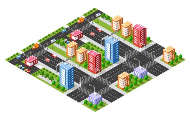 Gökdelenleri, caddeleri, yaya geçitleri, trafik ışıkları, arabalar, kamyonlar, ağaçlar ve parkları olan Isometric şehir merkezi, canlı bir şehir manzarası yaratıyor.