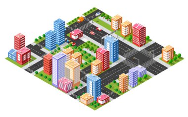 Gökdelenleri, caddeleri, yaya geçitleri, trafik ışıkları, arabalar, kamyonlar, ağaçlar ve parkları olan Isometric şehir merkezi, canlı bir şehir manzarası yaratıyor.