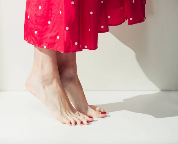 Young Caucasian Woman Standing Bare Feet Wearing Red Pin Dress — Stock Photo, Image