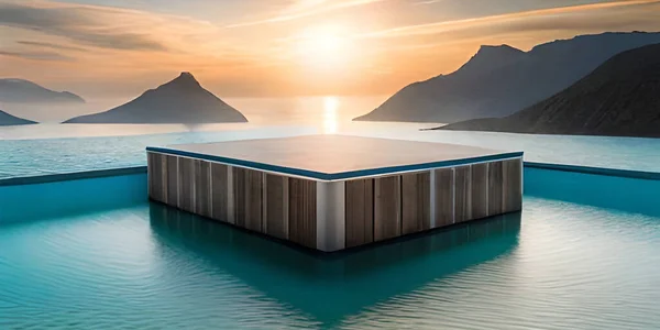 Vacker Solnedgång Havsvatten Landskap Med Pool Planform Royaltyfria Stockbilder