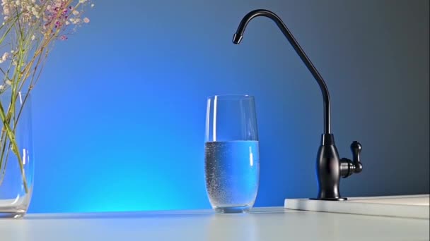 Captivating Kitchen Scene Water Faucet Glass Pouring Countertop — Stock Video