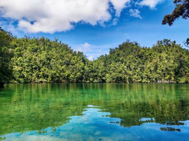 Huzurlu, gök mavisi bir gölün üzerinde yükselen tepelerin resimsel bir görüntüsü..