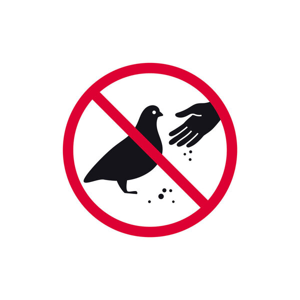 Do not feed birds prohibited sign, dont feed the pigeons forbidden modern round sticker, vector illustration.