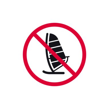 Rüzgâr sörfü yasak işareti, yasaklı modern yuvarlak çıkartma, vektör illüstrasyonu yok..