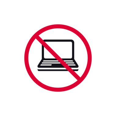 Laptop yasak işareti yok, bilgisayar yasaklı modern yuvarlak etiket yok, vektör illüstrasyonu yok.