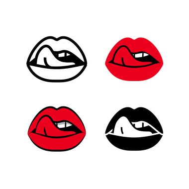 Seksi dudaklar yalayan bir kadın, dilli ve dişli güzel bir ağız, çizgi film tarzında bir illüstrasyon.