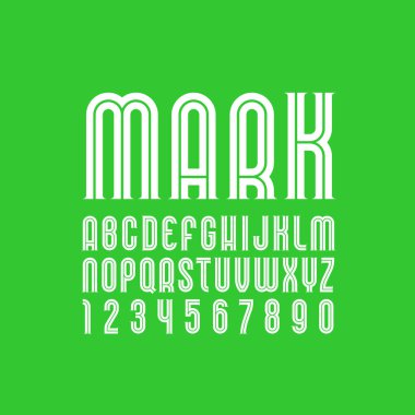 Yoğunlaştırılmış yazı tipi, modaya uygun dar beyaz alfabe, kırpılmış harfler ve sayılar.