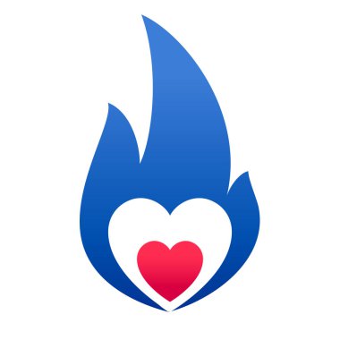 Ateş mavisi alev, sıcak kırmızı kalp sembolü, vektör illüstrasyonu.