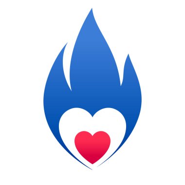 Ateş mavisi alev, sıcak kırmızı kalp sembolü, vektör illüstrasyonu.