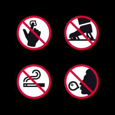 Yasak işaretler, yasaklı yuvarlak çıkartmalar, vektör simgeleri.
