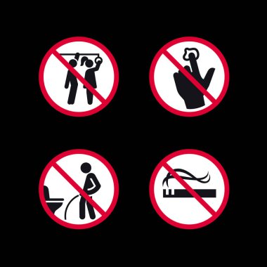 Yasak işaretler, yasaklı yuvarlak çıkartmalar, vektör simgeleri.
