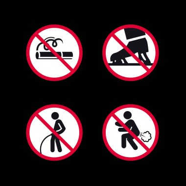 Yasak işaretler, yasaklı yuvarlak çıkartmalar, vektör simgeleri.