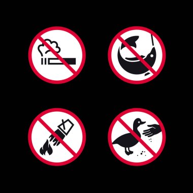 Yasak işaretler, yasaklı yuvarlak çıkartmalar, vektör simgeleri.