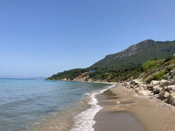 Spiaggia Rocky Prasoudi Isola Corfù Grecia Ora Esatta — Foto Stock