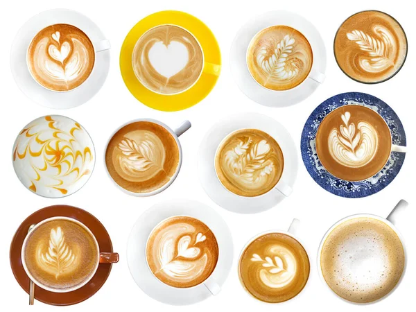 Caffè Latte Tazza Assortimento Con Schiuma Arte Isolato Vista Dall — Foto Stock