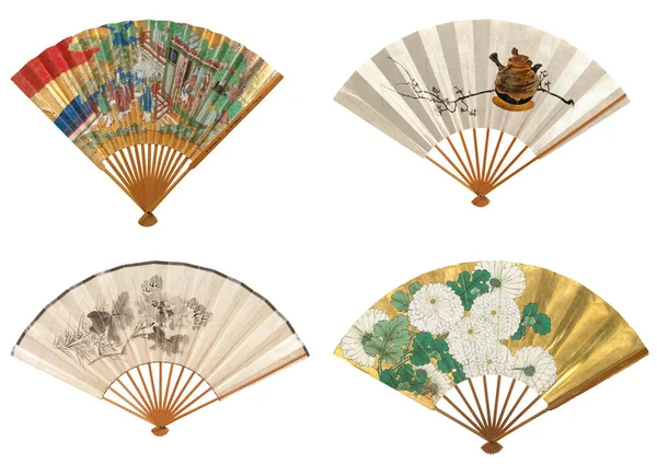 Old Japanese folding fan collection from early 19th century, real ancient decorative accessory isolated