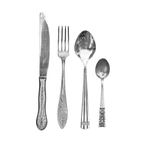 Set Vintage Flatware Kitchen Utensils Isolated White Background Knife Fork — Stock Photo, Image