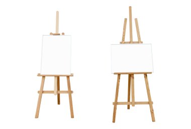 Blank art boards and wooden easels to add paintings or pictures isolated on white background