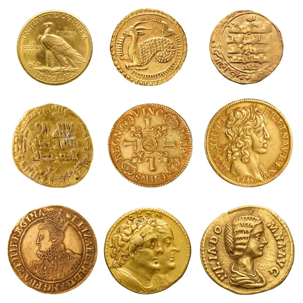 Old Ancient Gold Coin Collection Different Countries Time Periods Isolated — Stockfoto