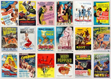 Vilnius, Litvanya - 12 Mart 2023: 40 'lı, 50' li ve 60 'lı yılların eski antika film posterleri, otantik klasik sinema reklam tasarımları koleksiyonu