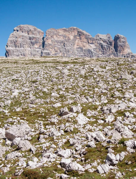 意大利白云岩阿尔卑斯山中的岩石景观 美丽的山景 前景一片小石头 — 图库照片