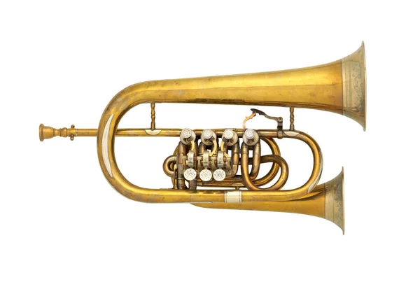 Oude Flugelhoorn Messing Muziekinstrument Geïsoleerd Witte Achtergrond Retro Trompet Cornet — Stockfoto