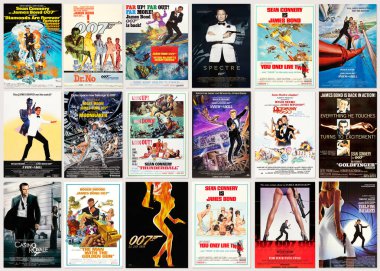 Vilnius, Litvanya - 10 Mayıs 2023: James Bond 007 eski retro film posterleri, otantik klasik sinema reklamları koleksiyonu