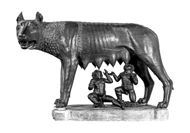 Roma 'nın İtalya' daki efsanevi kurucuları Romulus ve Remus 'u gösteren bronz bir figür olan dişi kurt Lupa Capitolina, beyaz heykelin üzerinde siyah ve beyaz olarak izole edilmiştir.