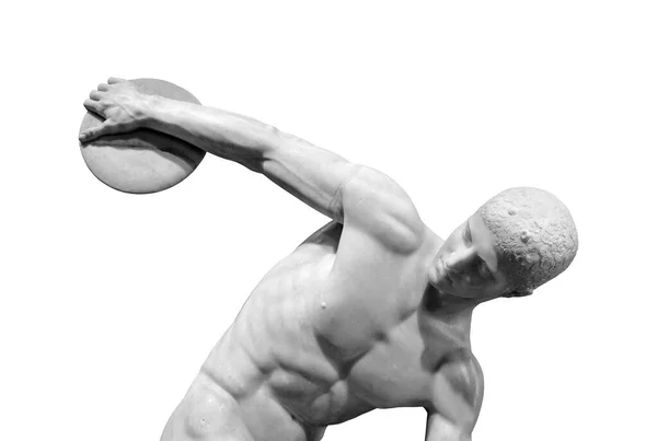 Zbliżenie Starożytnych Discobolus Lub Discus Thrower Statua Izolowane Klasyczna Grecka — Zdjęcie stockowe
