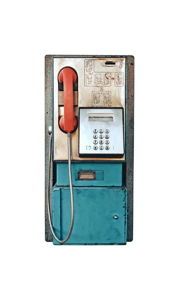 古いヴィンテージコインは 白い背景 フロントビューレトロ電話で隔離された公共の有料電話を操作しました — ストック写真