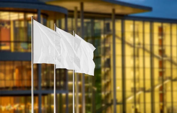 Weiße Flaggen Fahnenmasten Vor Verschwommenen Bürogebäuden Mit Abendlicht Leere Flaggen — Stockfoto