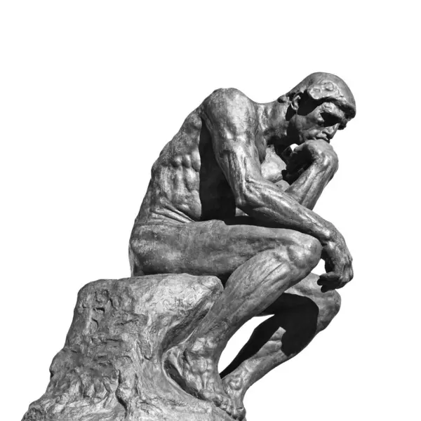 思想者 是奥古斯特 罗丹的青铜雕塑 背景为白色 特写为黑白雕像 图库图片