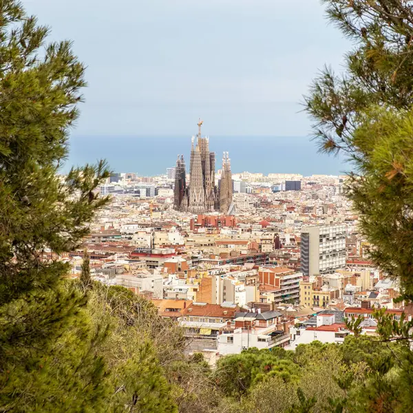 Barcelona Vista Ciudad España Con Las Torres Sagrada Familia Centro Fotos de stock libres de derechos
