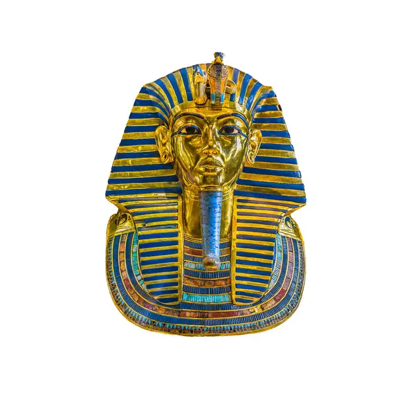 stock image Golden funerary mask of ancient Egyptian pharaoh Tutankhamun, isolated on white bacgkround, front view