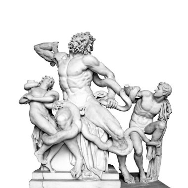 Laocoon ve Oğulları 'nın heykeli, aynı zamanda Laocoon Grubu olarak da bilinir, en ünlü antik heykellerden biridir, siyah ve beyaz izole edilmiş.