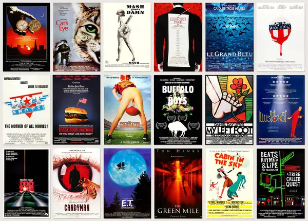 Vilnius, Litvanya - 03 Nisan 2025: Eski gerçek retro film posterleri ve otantik klasik sinema reklam tasarımlarının tasarımı