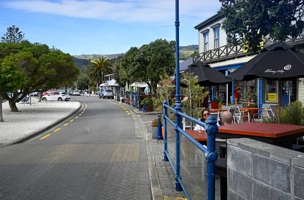 Christchurch New Zealand October 2022 Cafes Waterfront Akaroa Town — Stock Photo, Image
