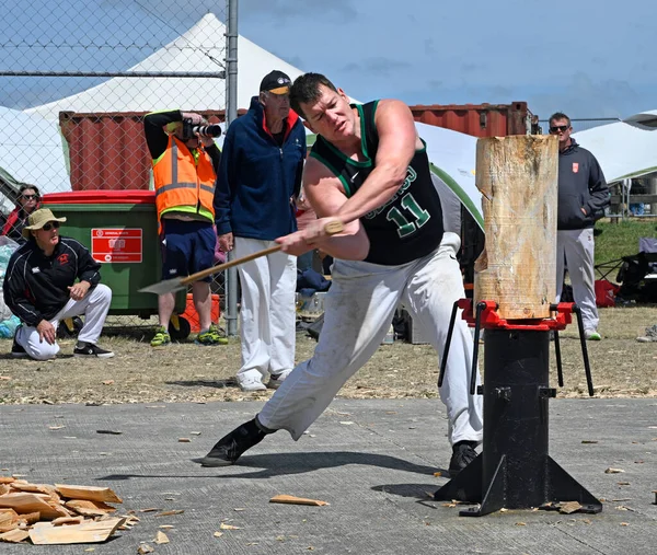 2022年11月11日 纽西兰克赖斯特彻奇 在纽西兰农业展示会上 伐木工人挥动斧头 — 图库照片