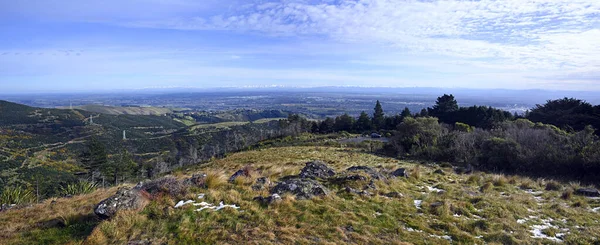 Planicies Canterbury Nieve Los Alpes Panorama Invierno Sugarloaf Reserve Christchurch — Foto de Stock