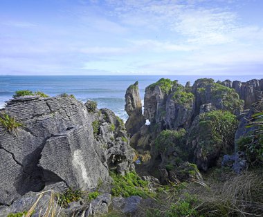 Dev Dalgalar ünlü Punakaiki Krep Kayaları 'na çarptı. Yeni Zelanda 'nın en popüler turist durgunluklarından biri..