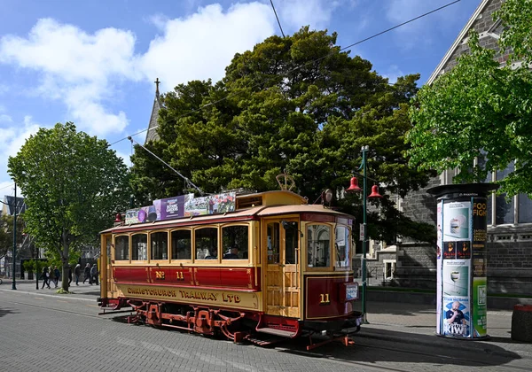 Christchurch Neuseeland Oktober 2023 Historische Straßenbahn Vor Dem Uhrturm Des — Stockfoto
