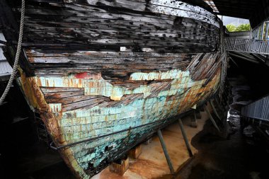 Edwin Fox yelkenli gemisi Hull, Picton Yeni Zelanda 'da, kuru rıhtımda. Dünya 'daki en eski ticaret gemisi. Doğu Hintlinin hayatta kalan son adamı..