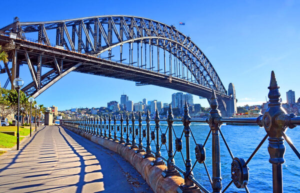 Sydney Harbour Bridge & Railings from Dawes Point Park in The Rocks district, Australia.