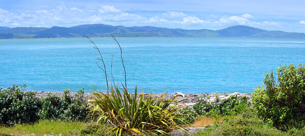 Panoramic view of the Kapiti Coast from Kapiti Island Bird Sanctuary. In the background is Paraparaumu, Waikanae and Raumati.