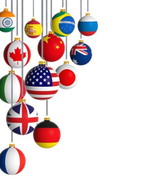 Dünya 'da Xmas kutlaması. Ulusal bayraklar beyaz arkaplanda izole edilmiş Noel topları, 