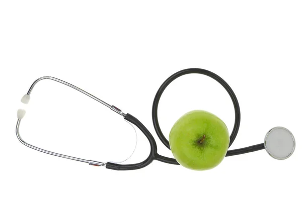 Grönt Äpple Och Medicinsk Stetoskop Isolerad Vit Transparent Bakgrund — Stockfoto