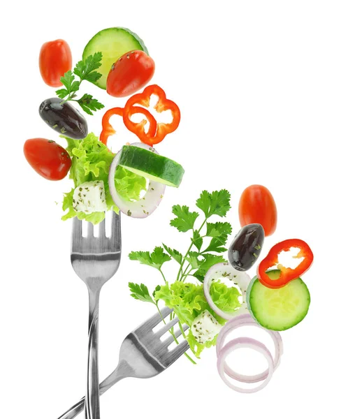 Fresh Salad Vegetables Fork Isolated White Transparent Background Stock Picture